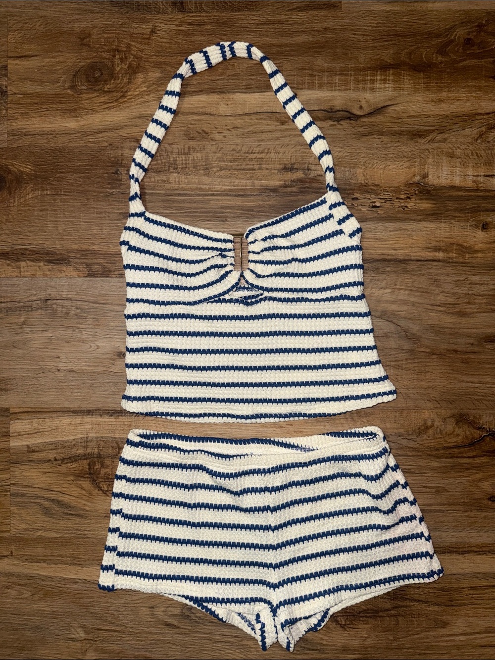 Striped Knit Halter Set in Blue & White